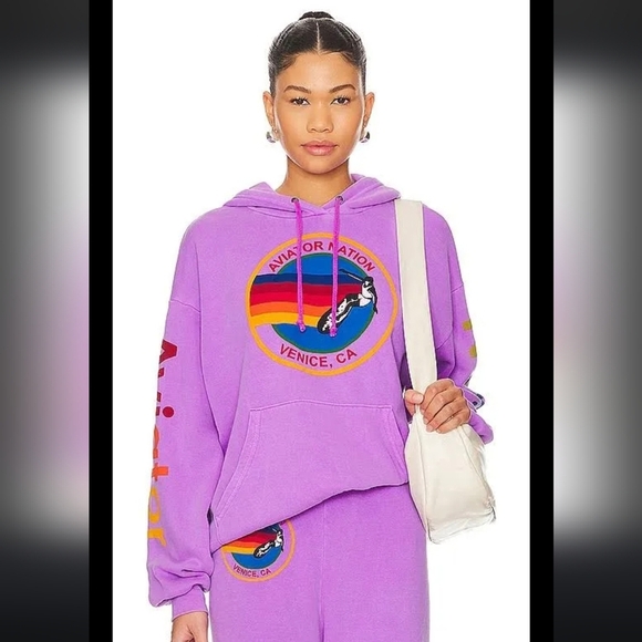 Aviator Nation Tops - AVIATOR NATION, Venice Relaxed Pullover Hoodie - Neon Purple,Size Small (Unisex)